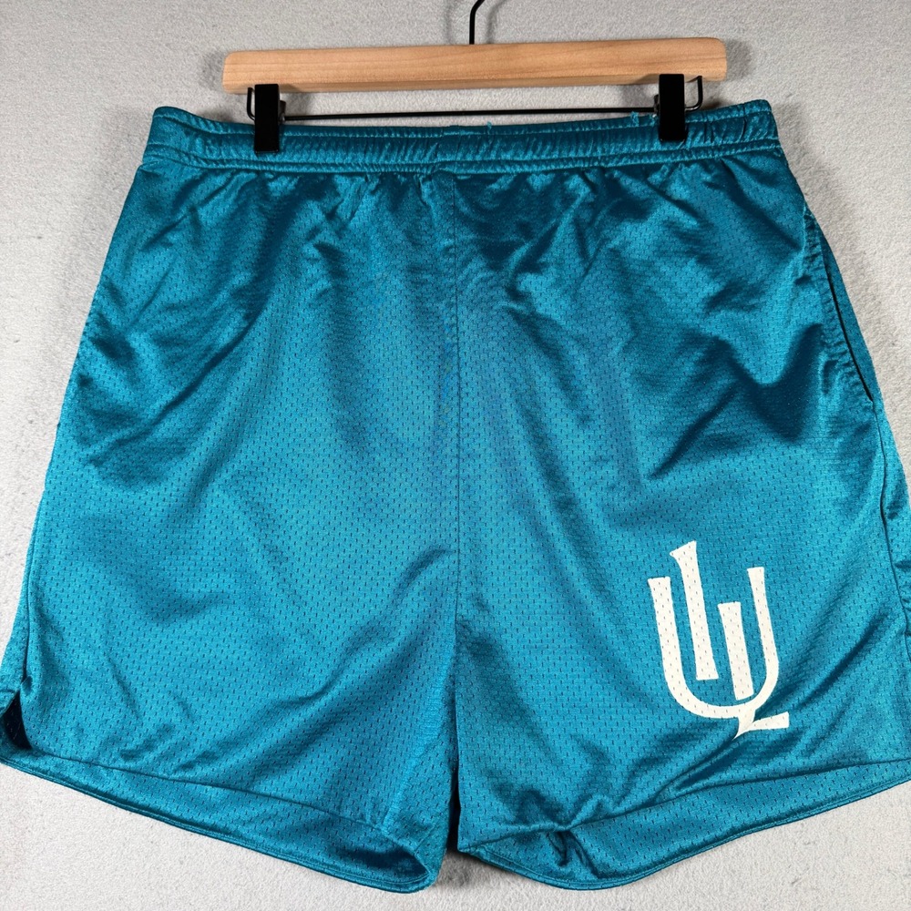 One Up‎ Lifestyle Mens Mesh Athletic Shorts Teal Blue XL Graphic Logo Made in LA